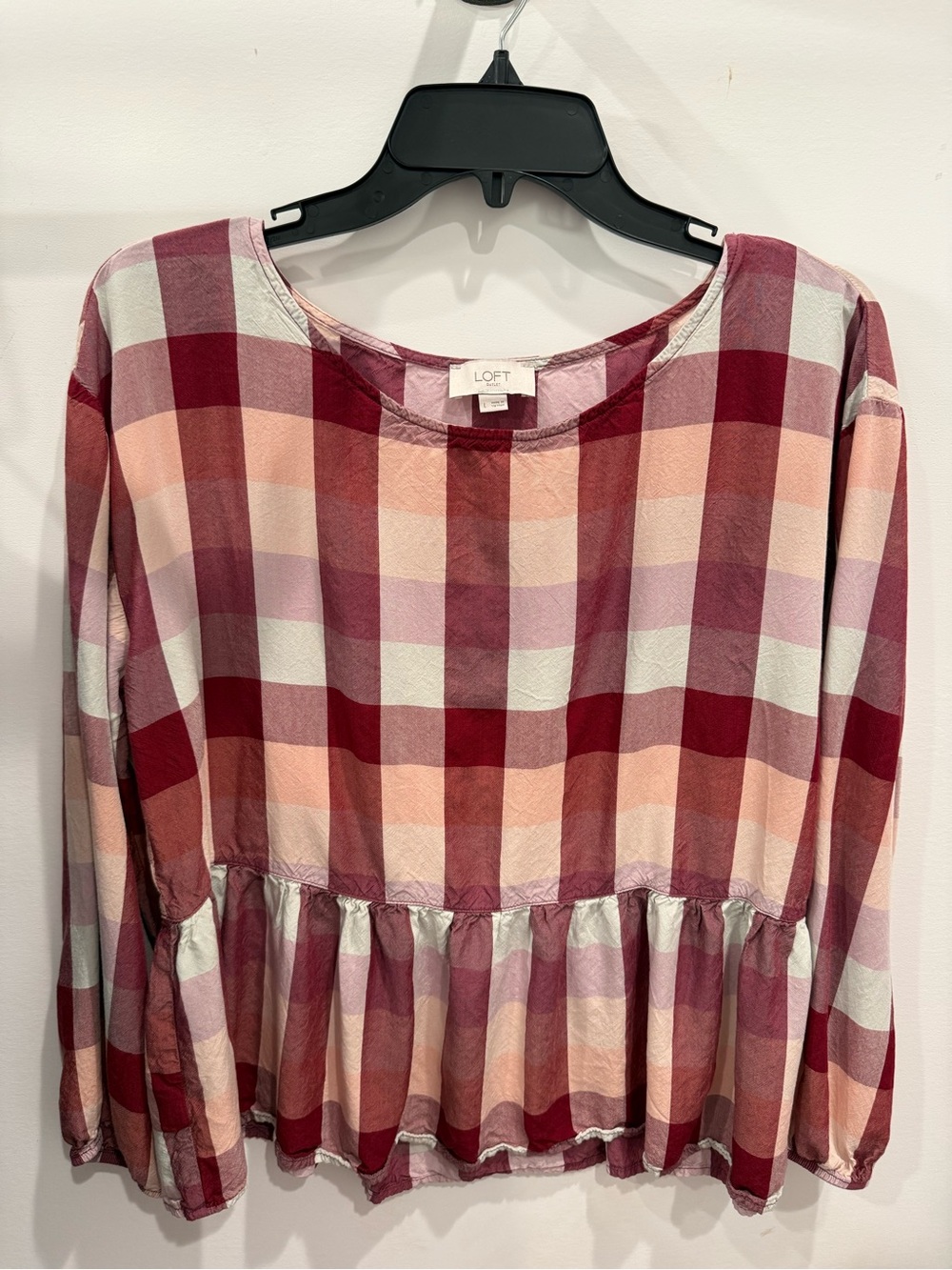 LOFT Pink, Burgundy & Blush Plaid Peplum Top